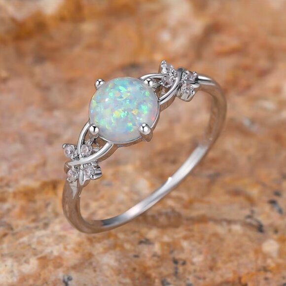 NEW 14k White Gold Round White Opal Diamond Ring Band - Picture 4 of 4